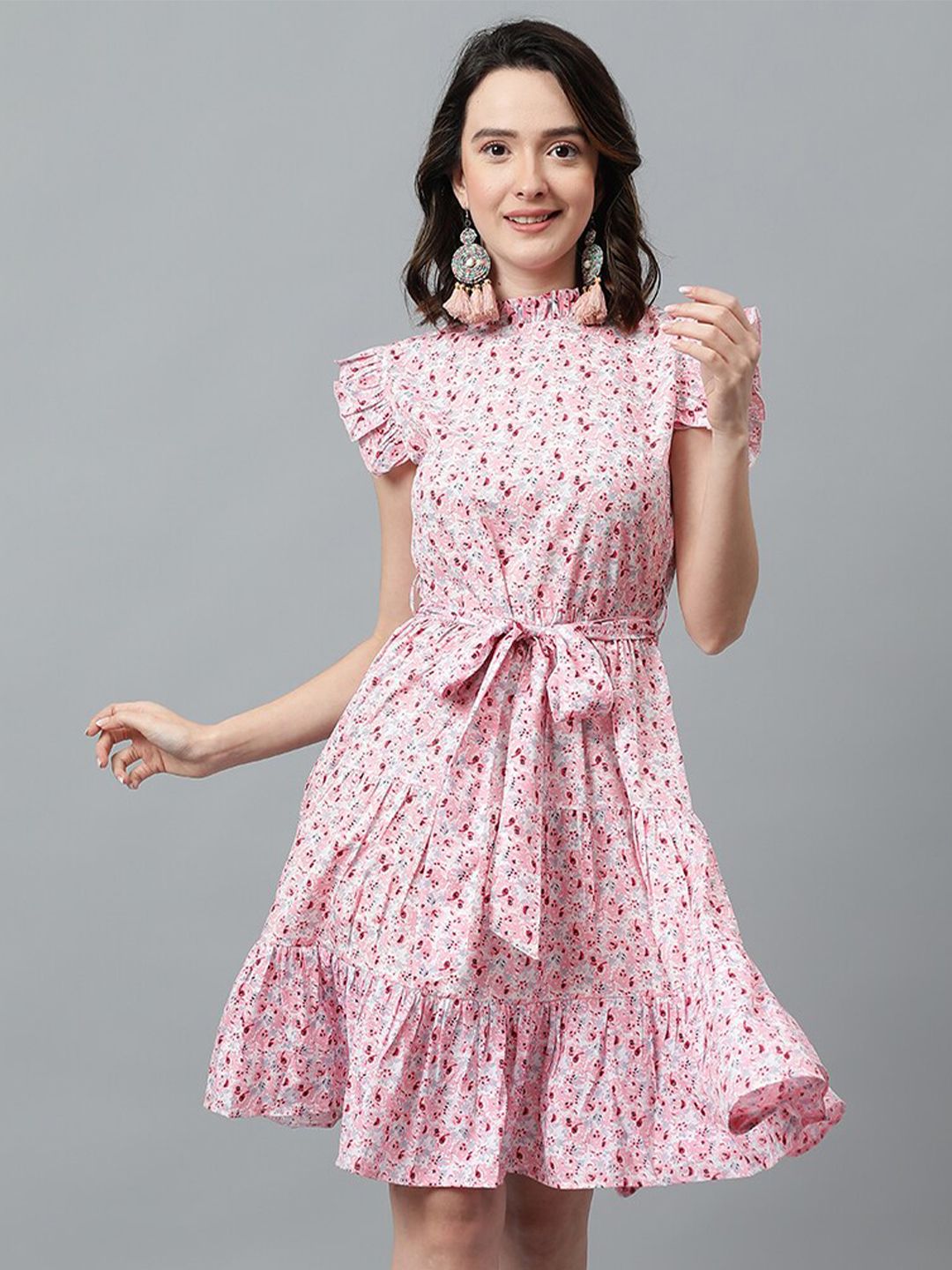 Kotty Pink & White Floral Printed High Neck Ruffled Fit & Flare Dress   KOTTY