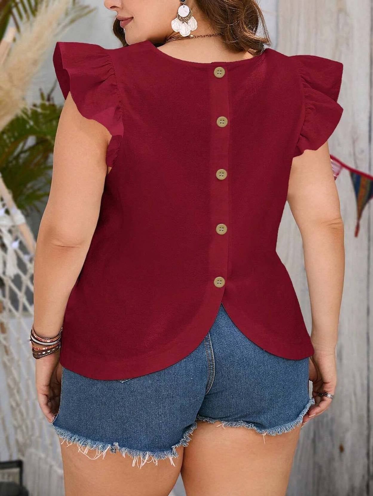KOTTY Casual Flutter Sleeves Solid Women Red Top
