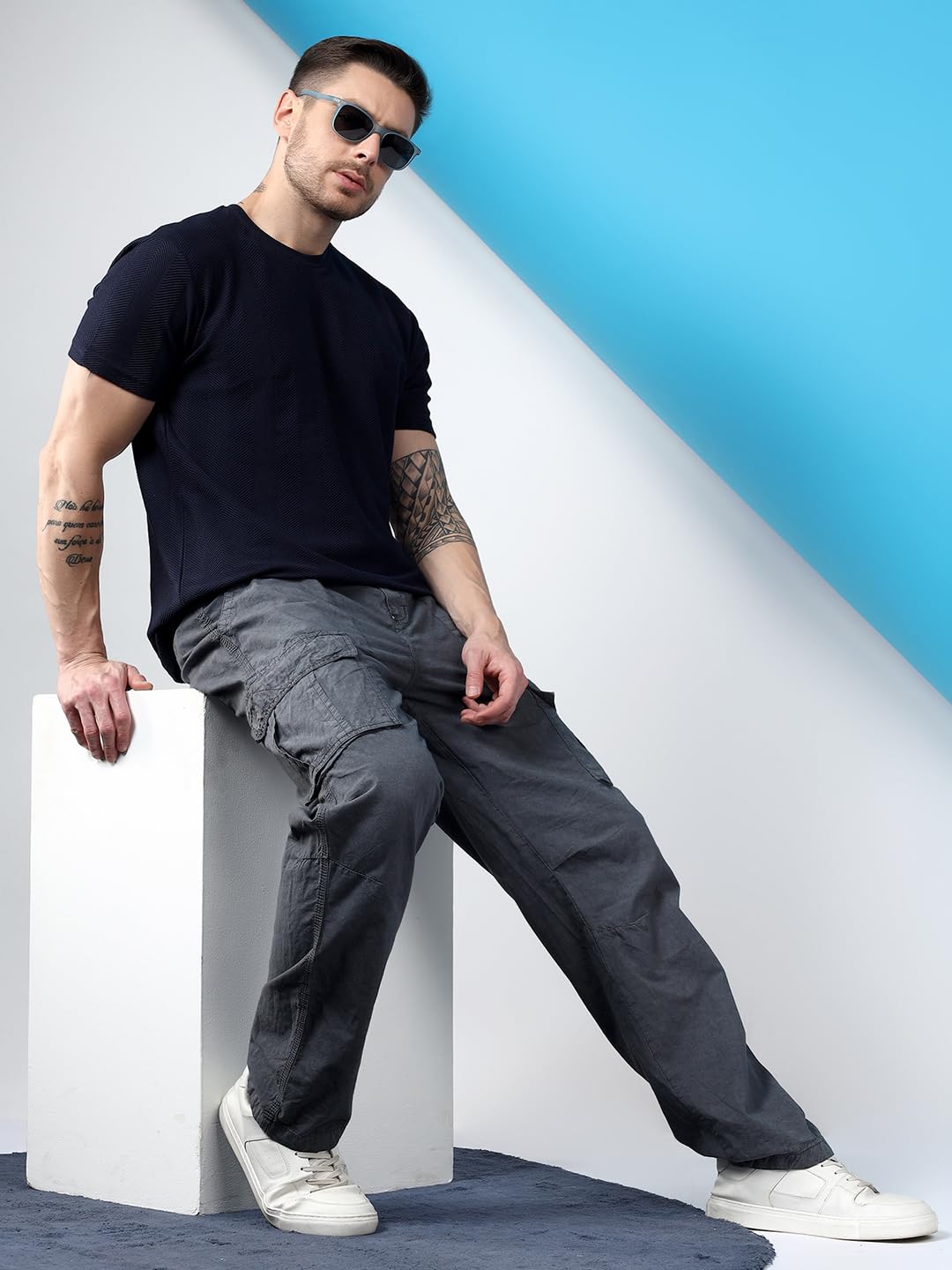 KOTTY Men's Solid Mid Rise Utility Pocket Button Willow Blue Regular Cargo