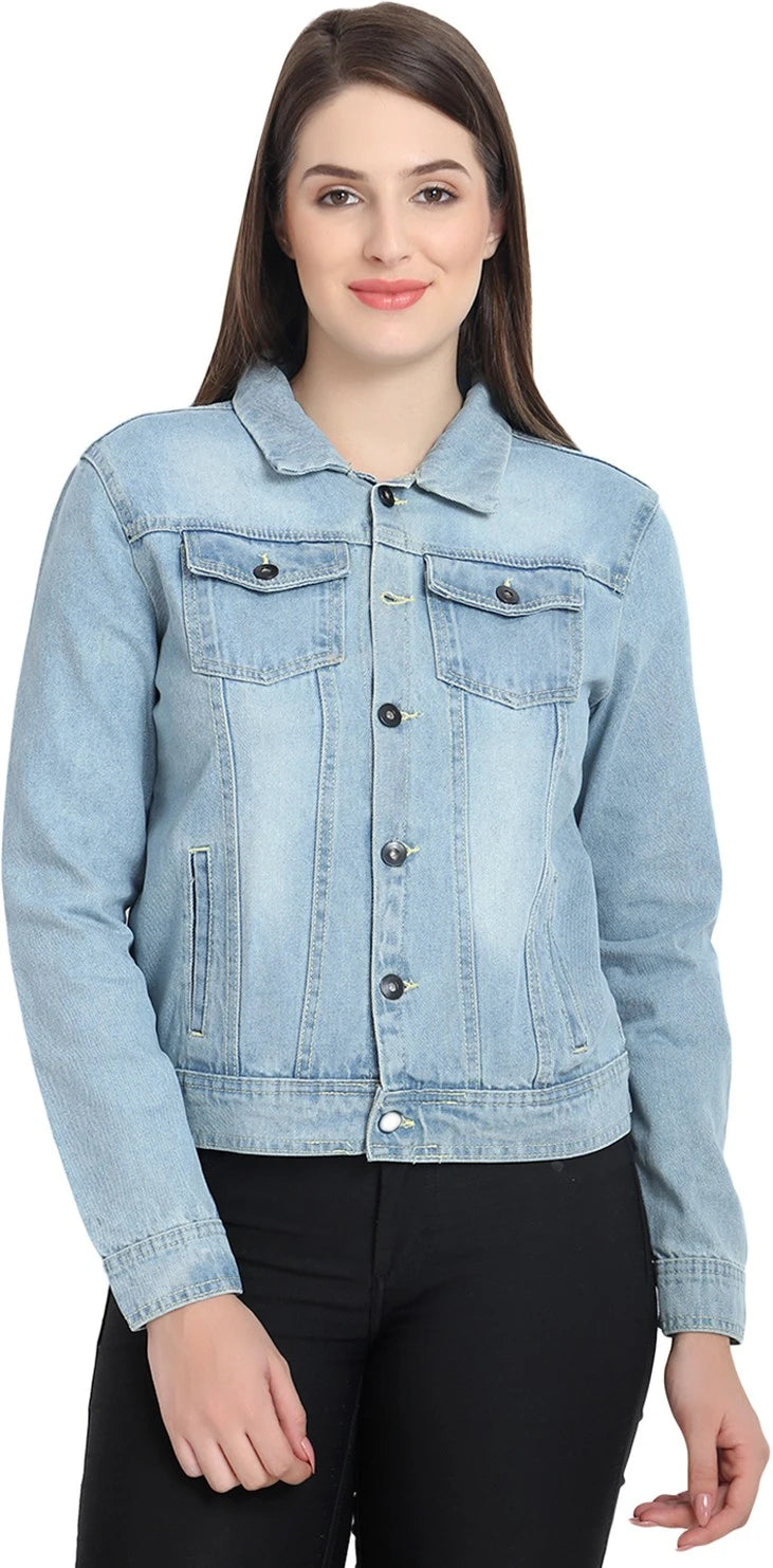 KOTTY Women's Solid Blue Pearl Long Sleeve Denim Jacket(Blue,L)-KTTDENIMJACKET162L