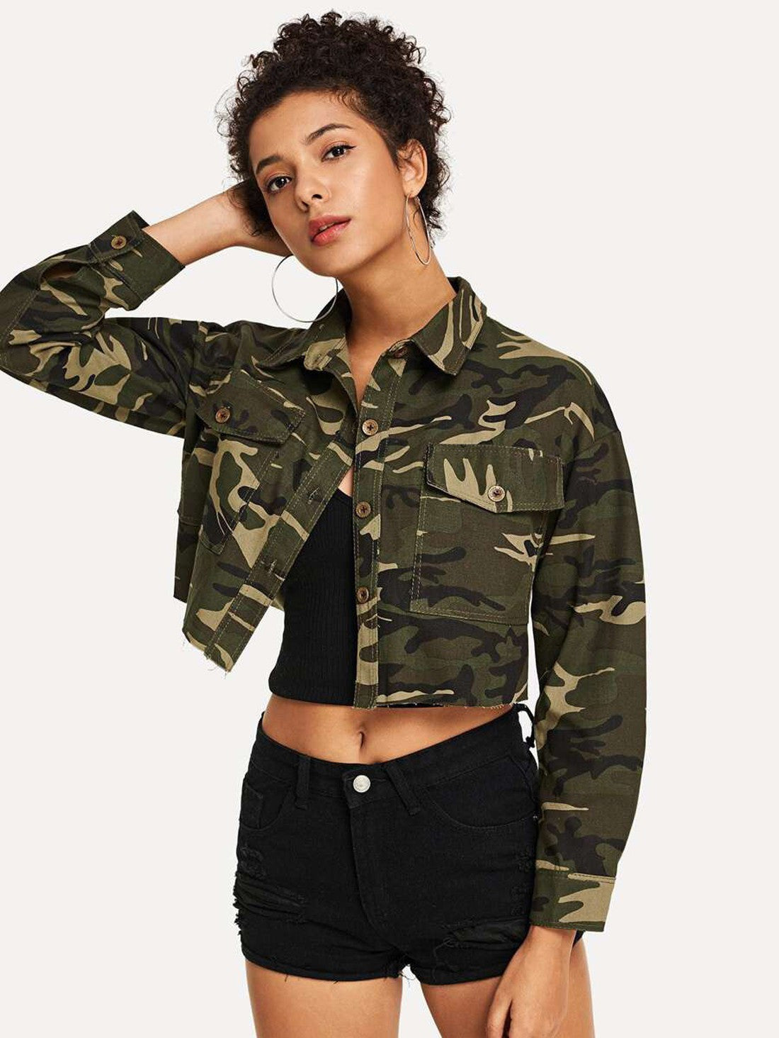 KOTTY Women Camouflage Regular Denim Jacket (Army Green_Large)