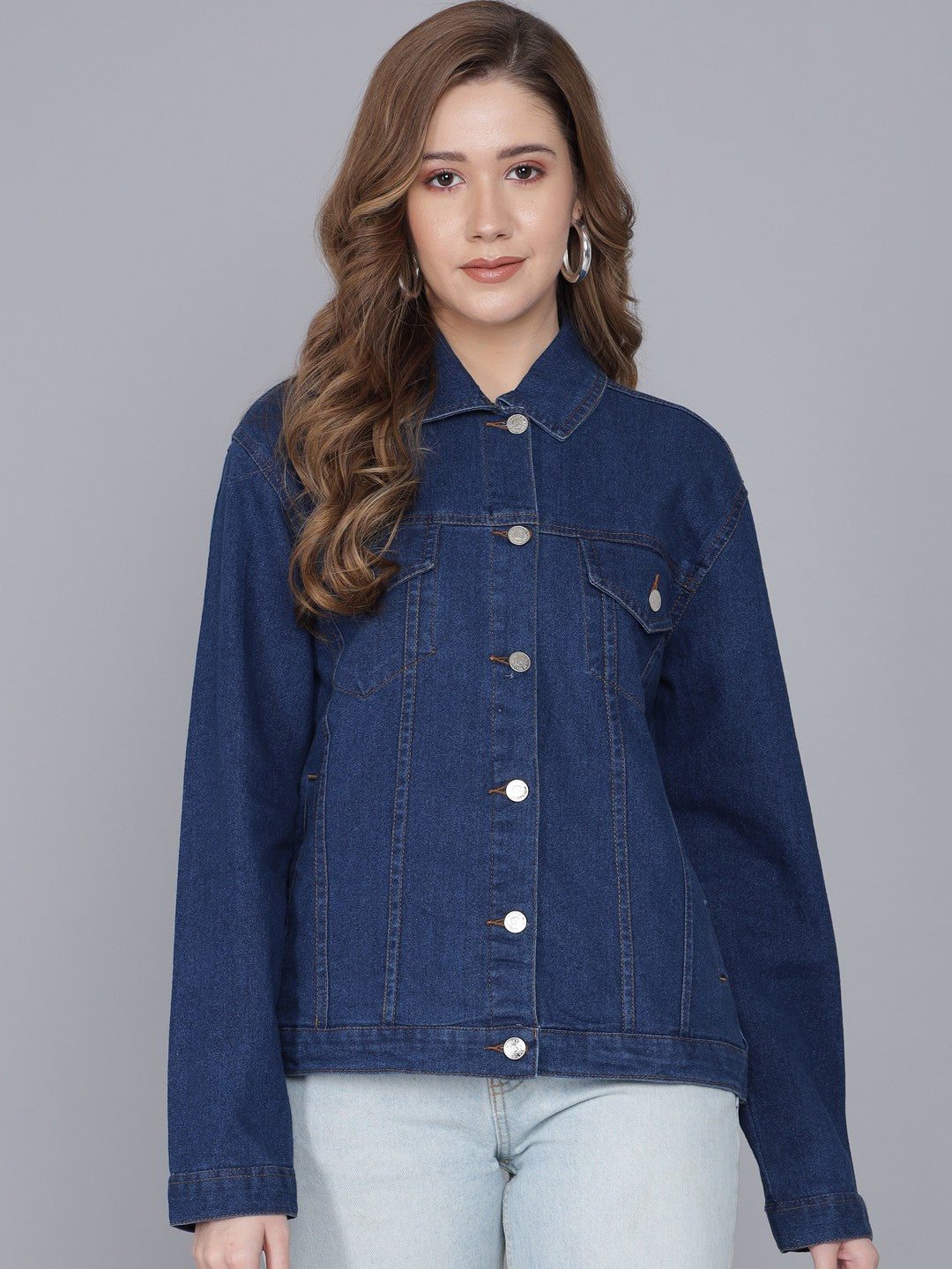 KOTTY Women Dark Blue Full Sleeve Solid Denim jacket (Dark Blue,38)