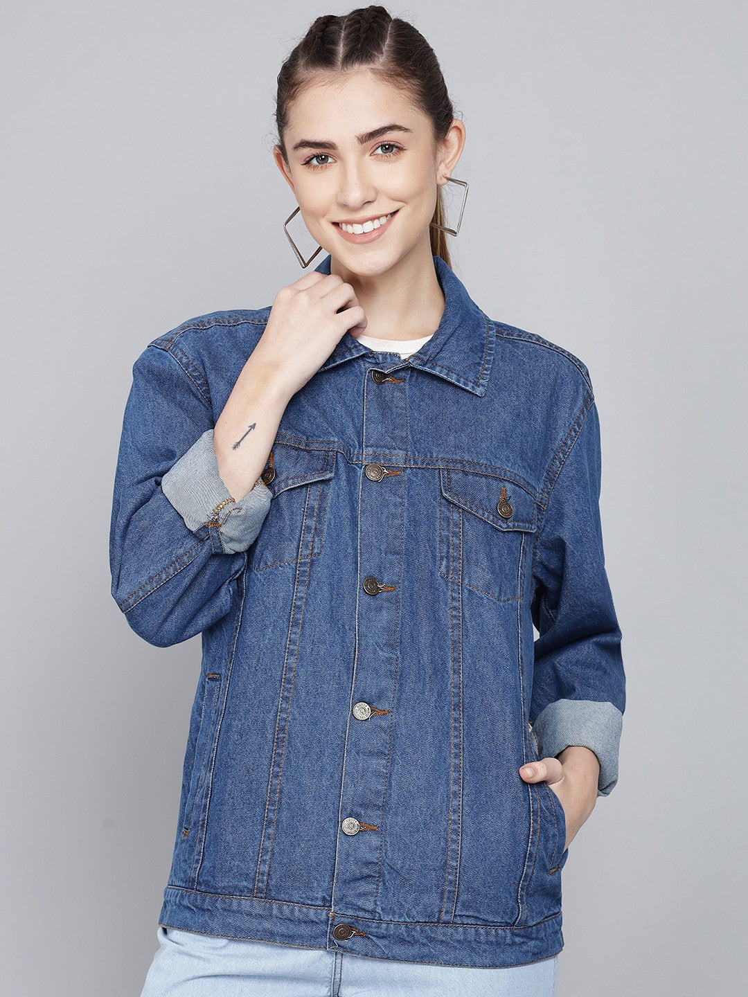 KOTTY Women Blue Full Sleeve Solid Denim jacket (Blue1,38)