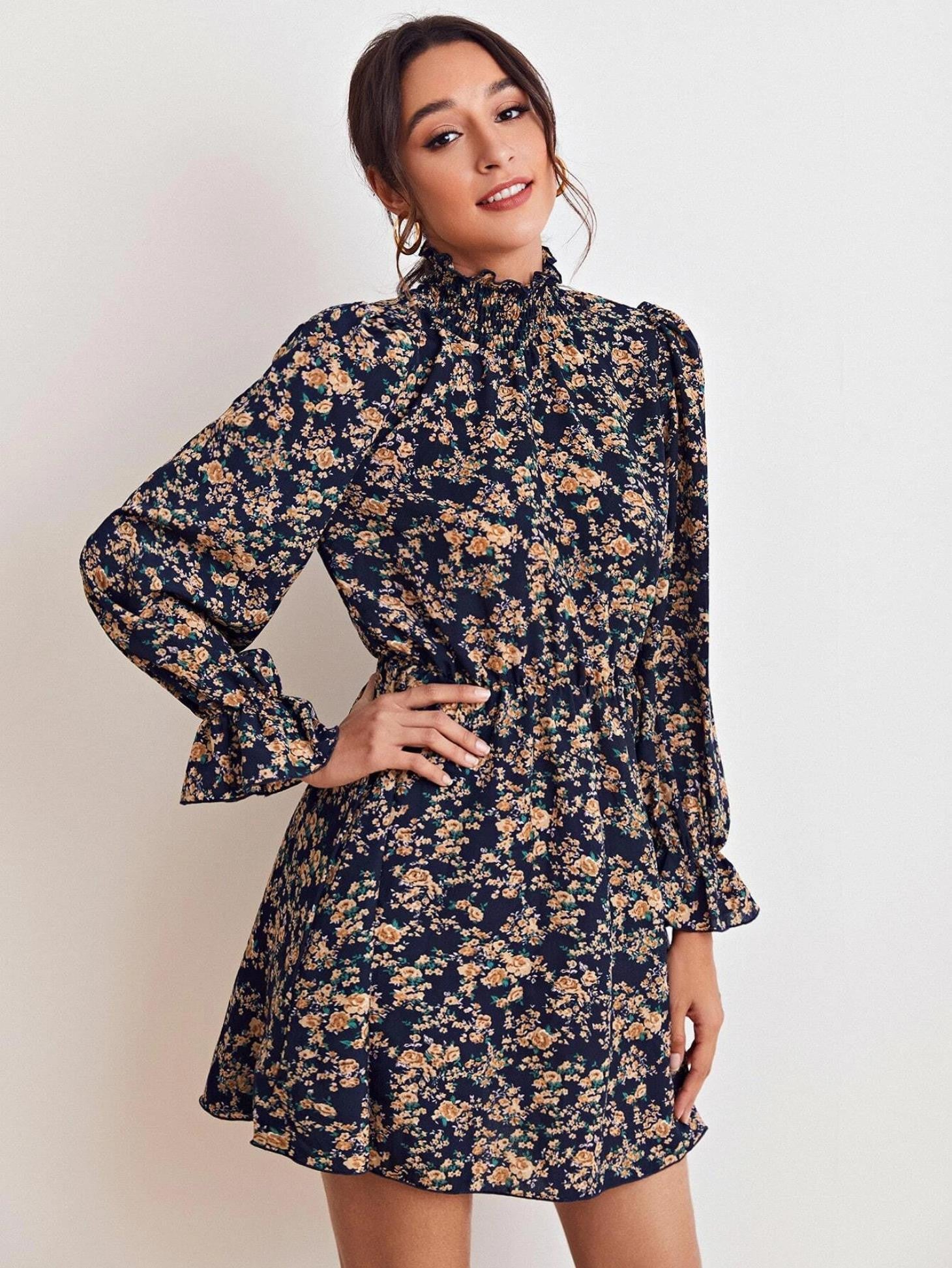KOTTY Women's V Neck Short Puff Sleeve A-Line Dress
