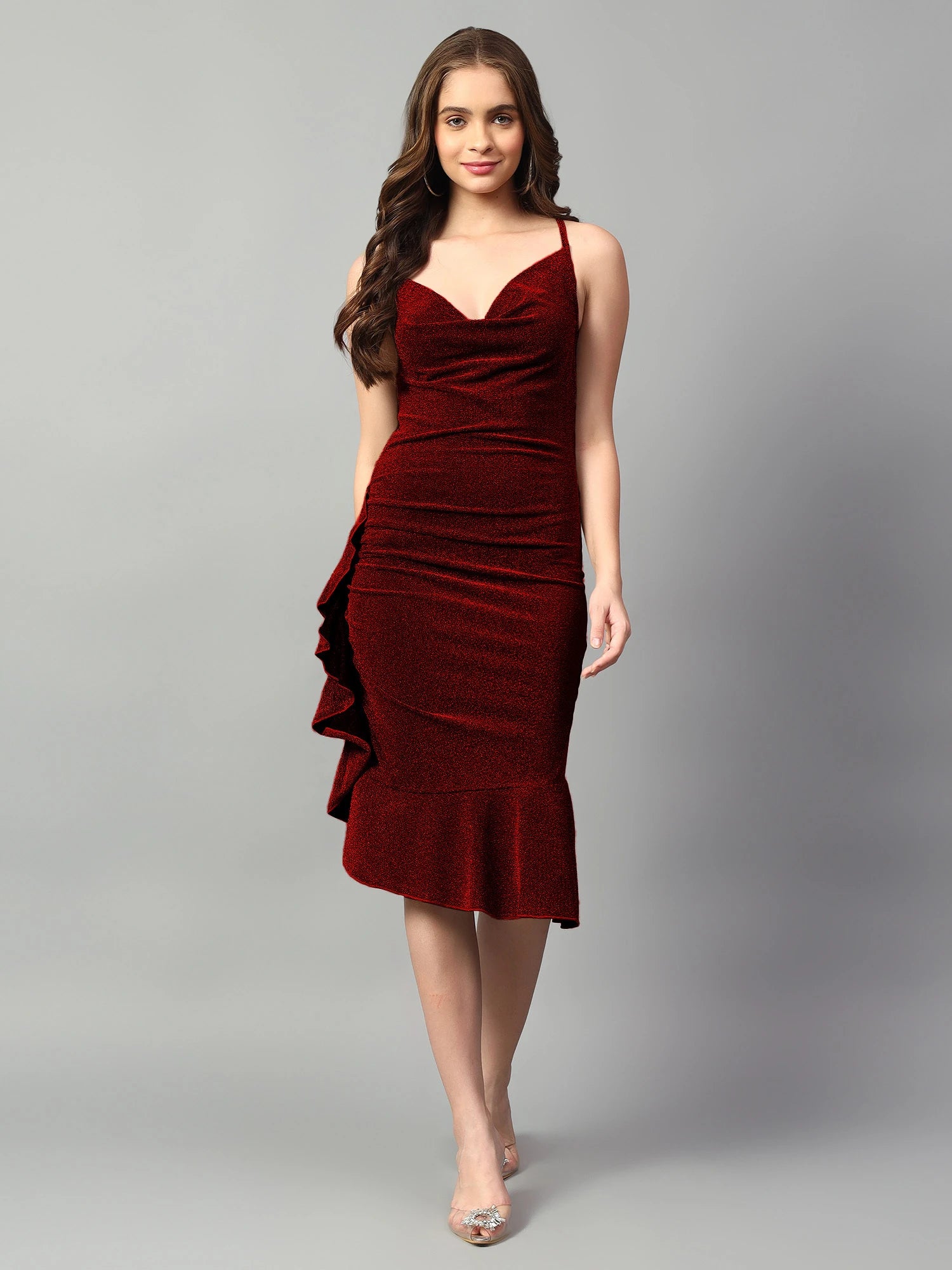 KOTTY Women's Solid Sleeveless Dark Maroon Causal Dress