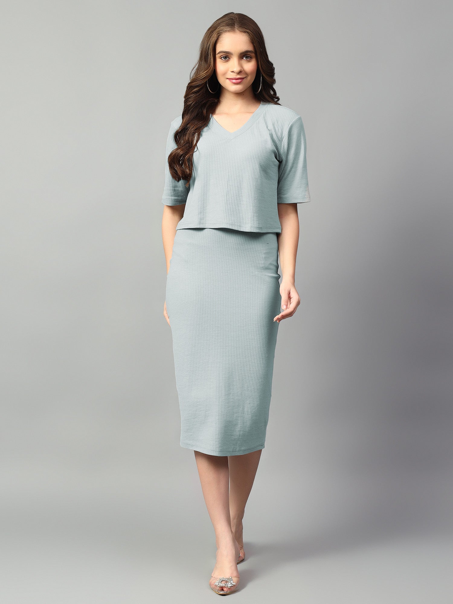 KOTTY Women Two Piece Dress Light Green Below Knee Dress