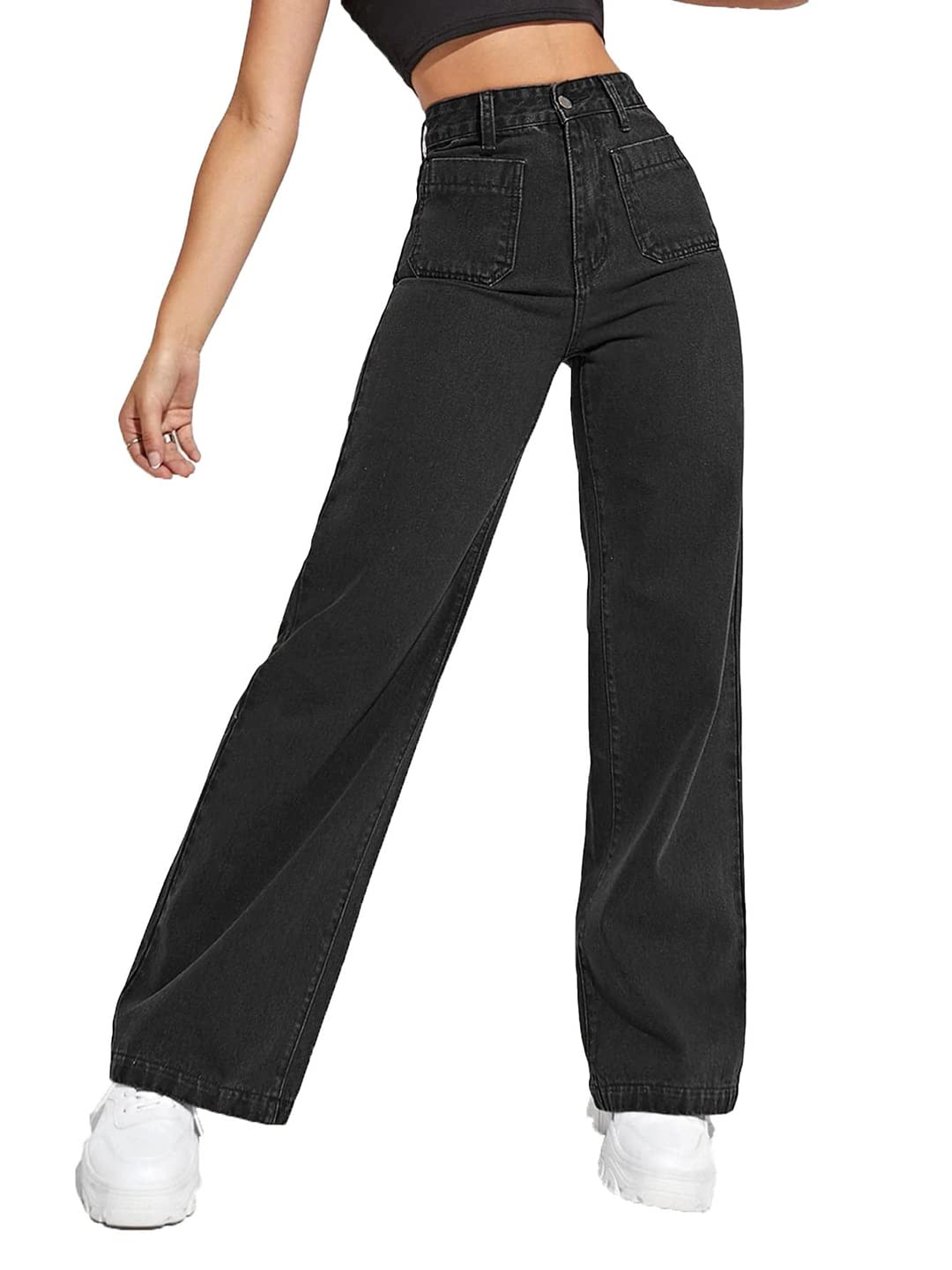 KOTTY Women's High Rise Cotton Lycra Blend Ankle Length Relaxed Fit Jeans, Black, 34