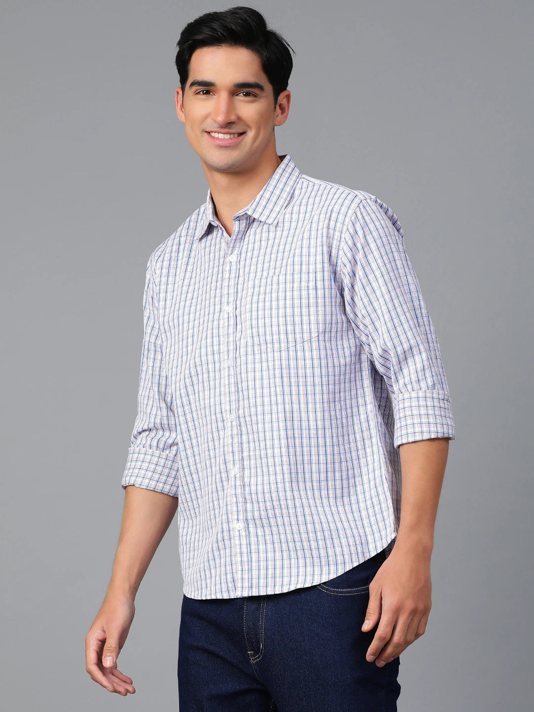 KOTTY Men Checkered Casual Blue, White, Brown Shirt