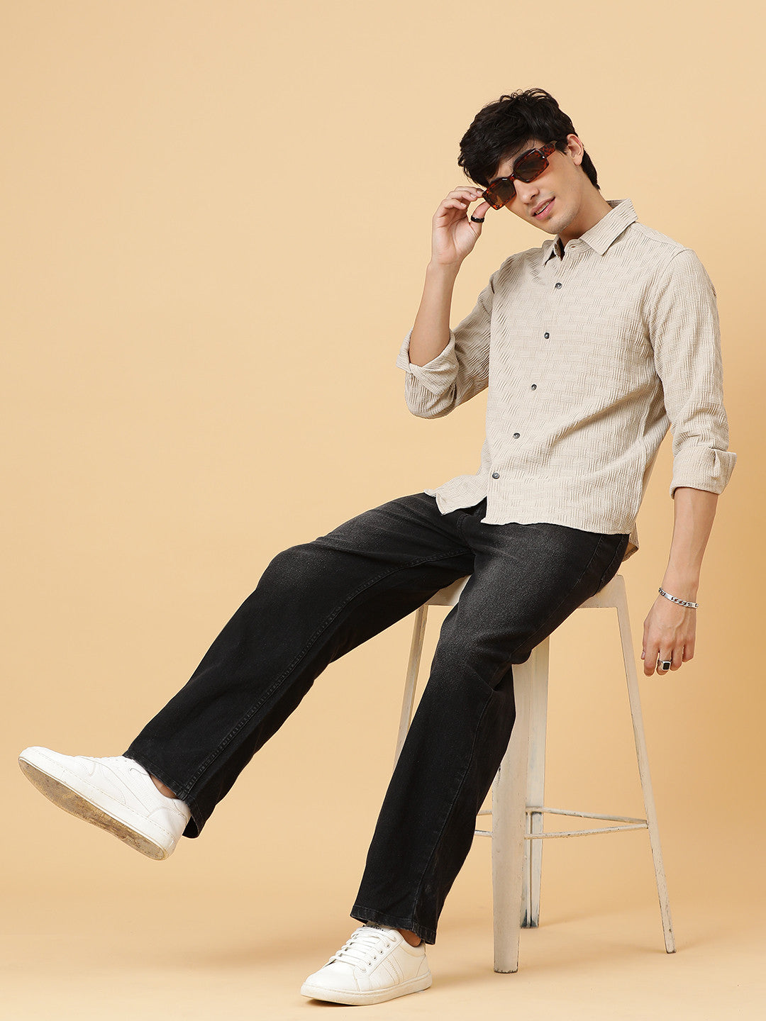 KOTTY Men Self Design Casual Beige Shirt