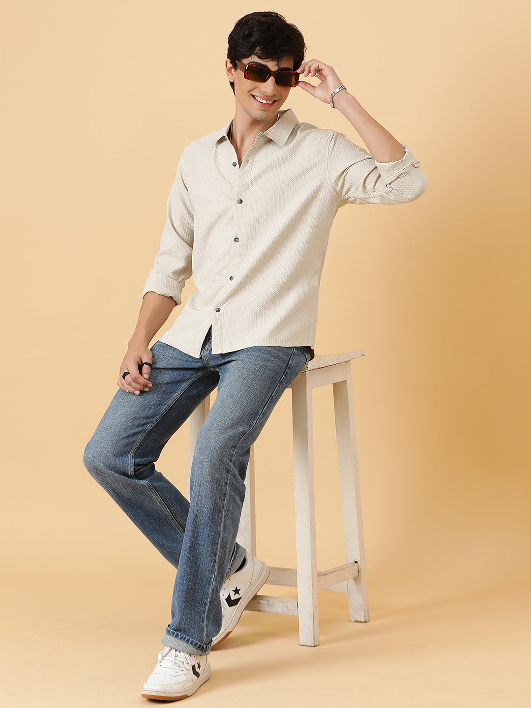 KOTTY Men Self Design Casual Beige Shirt