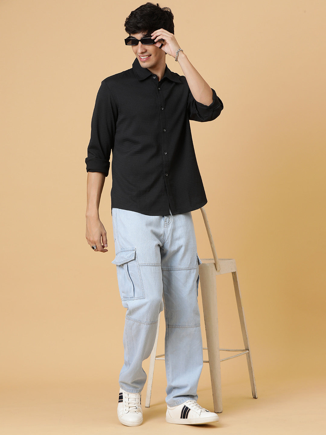 KOTTY Men Self Design Casual Black Shirt