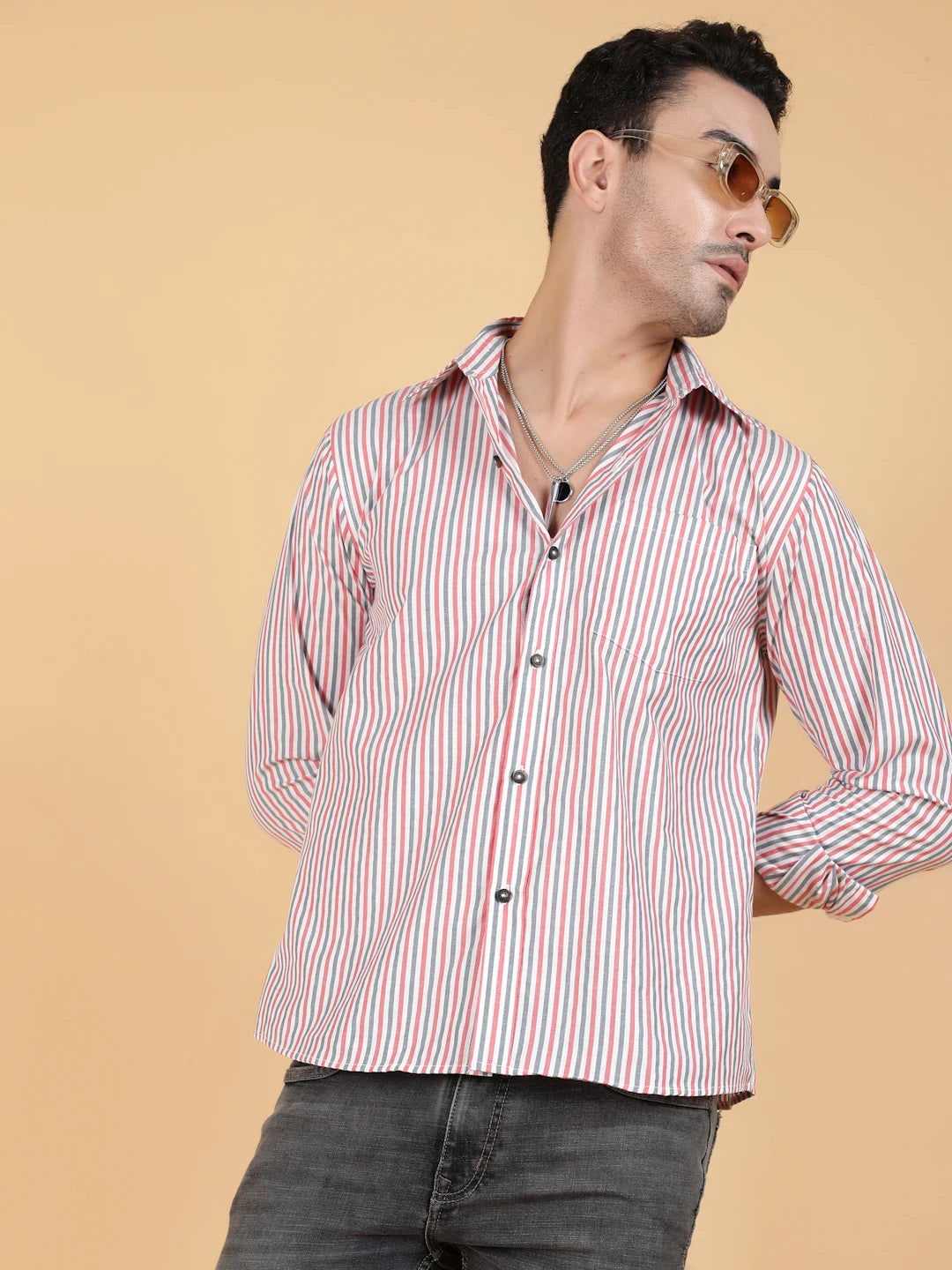 KOTTY Men Printed Casual Grey, Pink, White Shirt