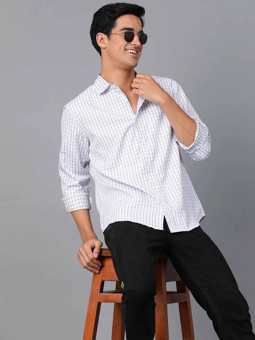 KOTTY Men Checkered Casual White, Grey Shirt