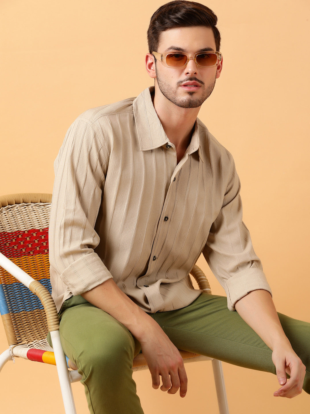 KOTTY Men Striped Casual Beige Shirt