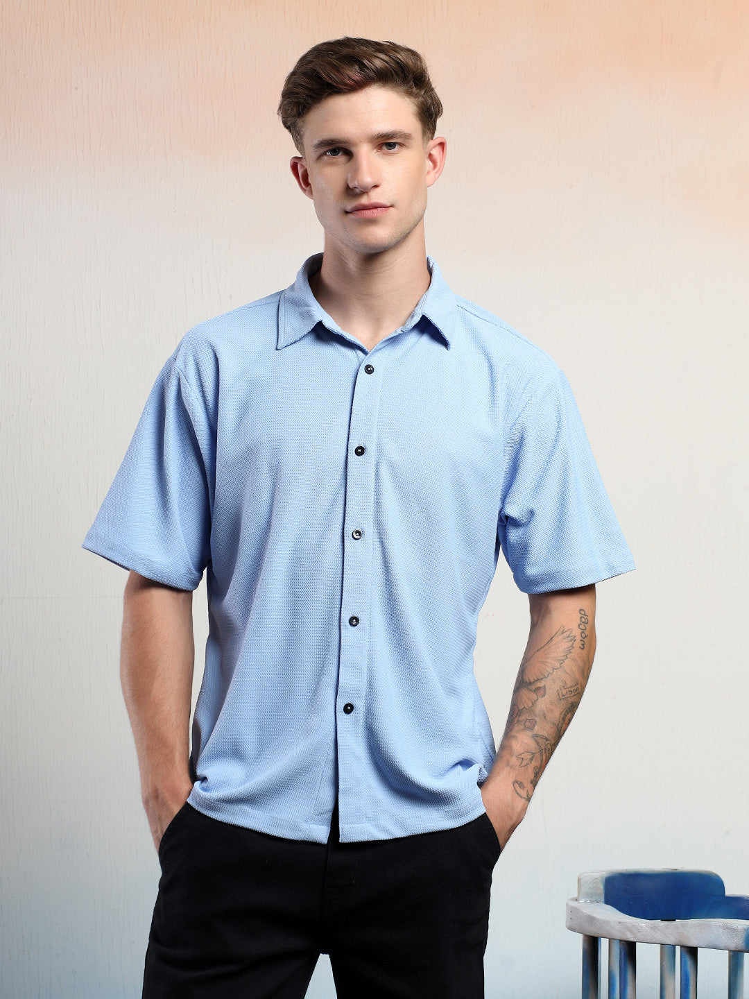 KOTTY Men Solid Casual Blue Shirt