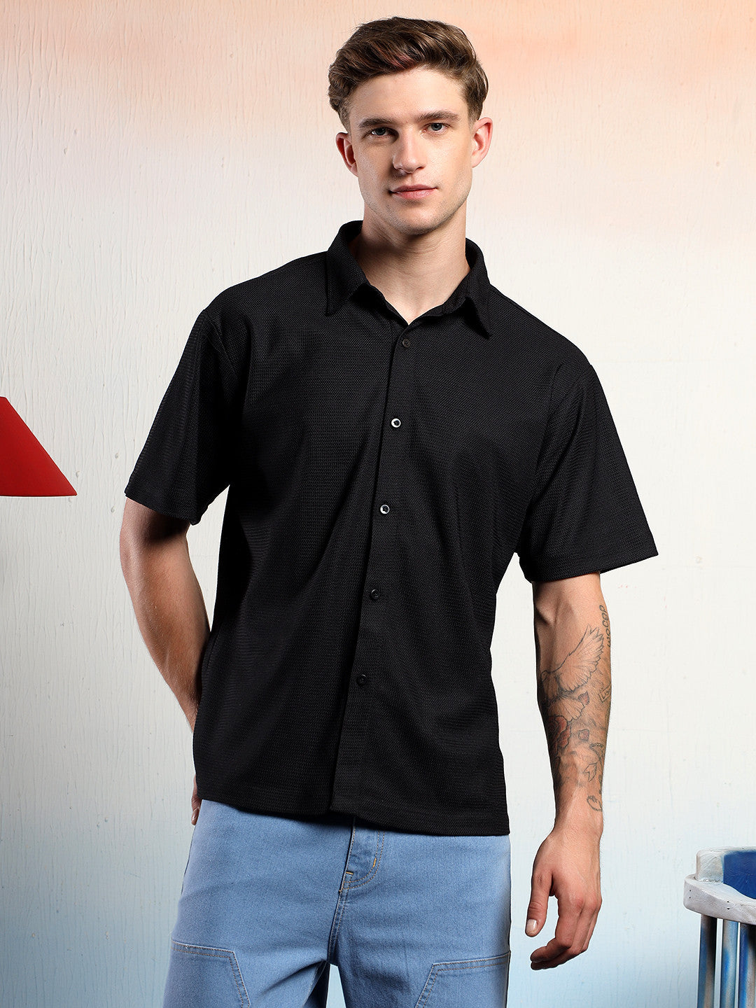 KOTTY Men Solid Casual Black Shirt