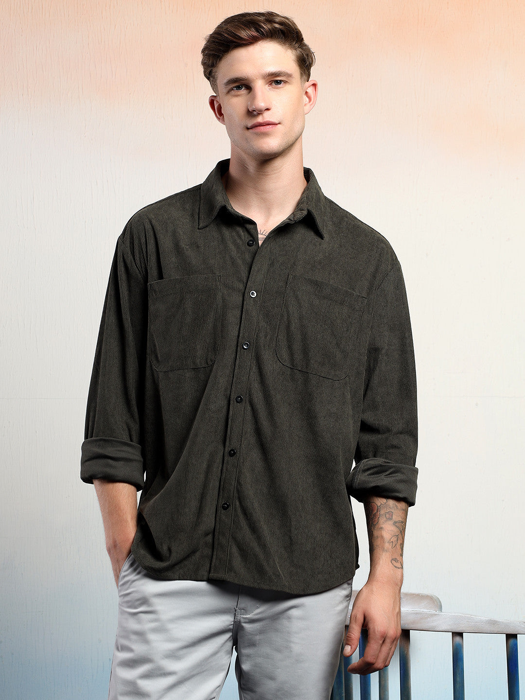 KOTTY Men Solid Casual Green Shirt