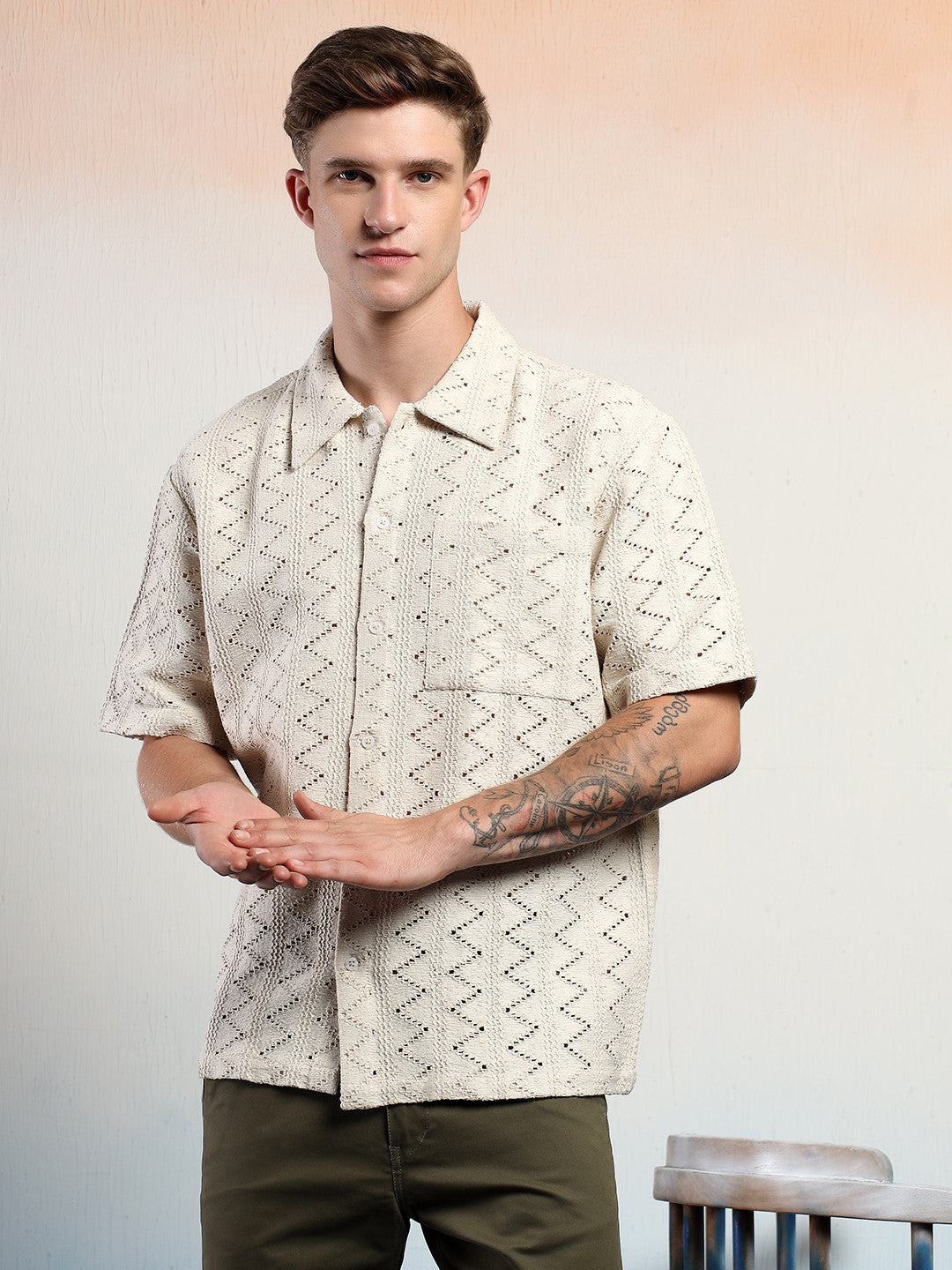KOTTY Men Striped Casual Beige Shirt