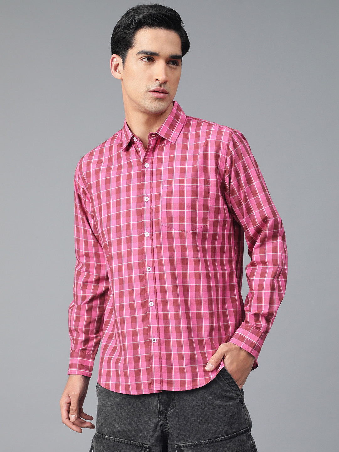 KOTTY Men Checkered Casual Pink, Maroon, White Shirt