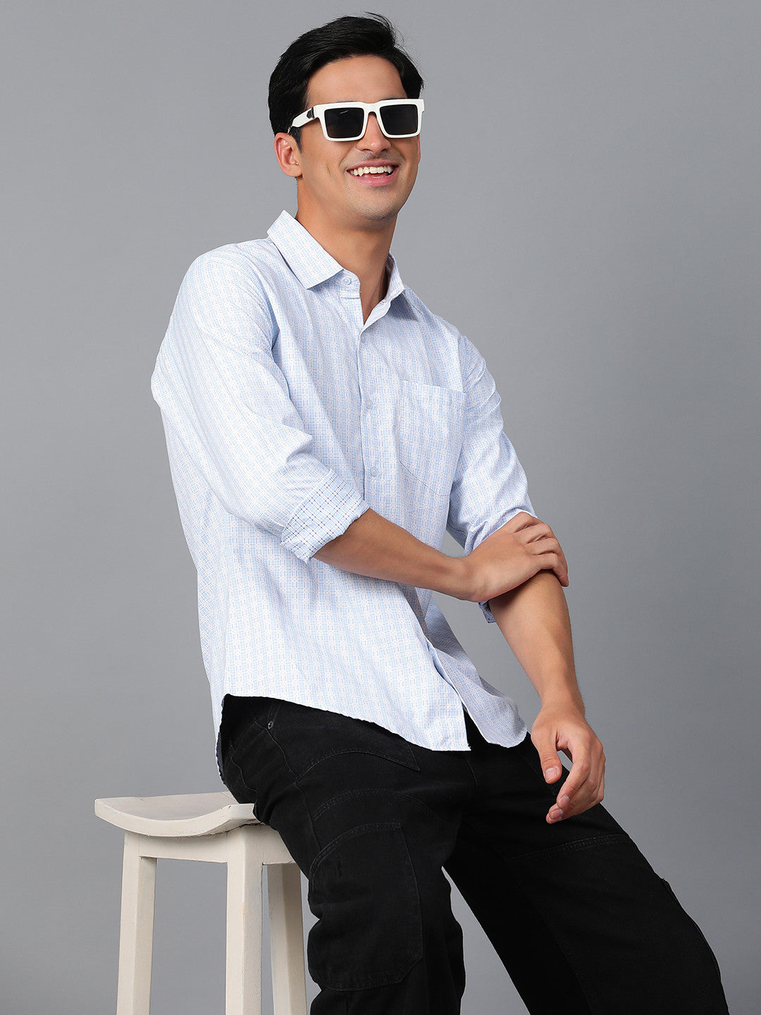 KOTTY Men Printed Casual Light Blue, White Shirt