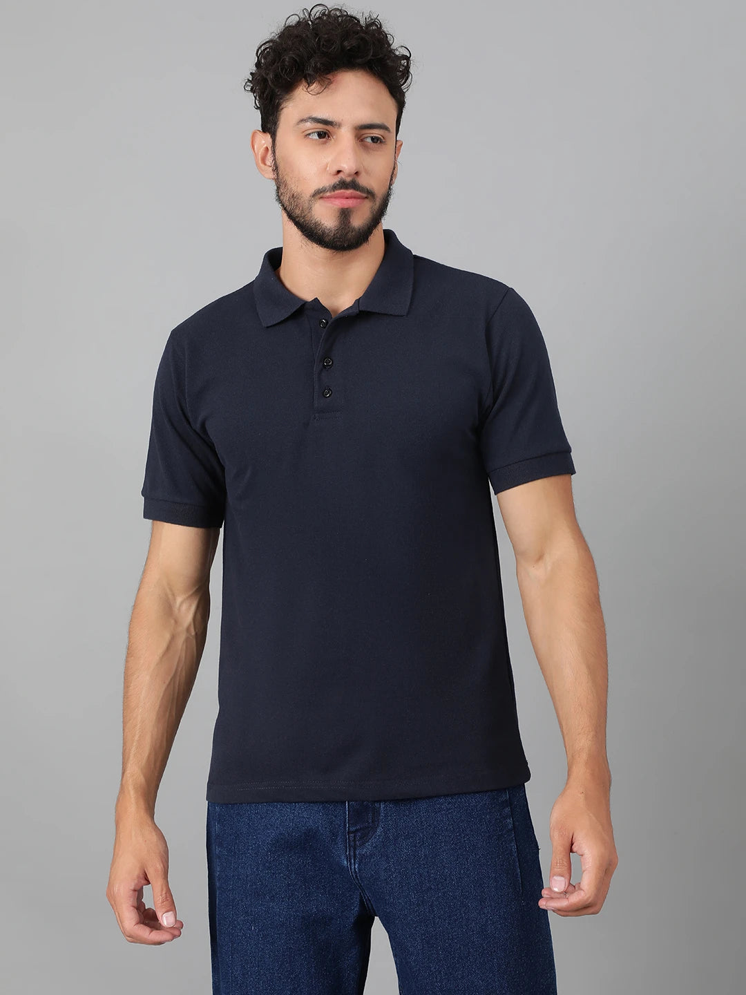 KOTTY Solid Men Polo Neck Navy Blue T-Shirt