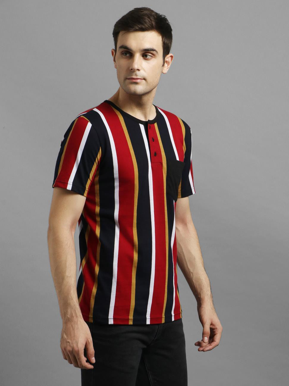 KOTTY Striped Men Round Neck Red T-Shirt
