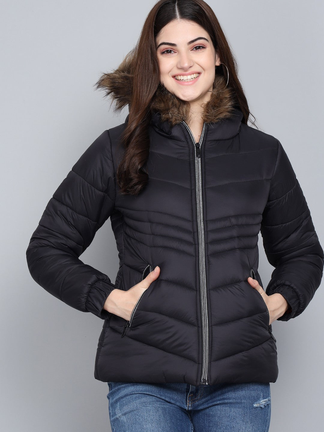 KOTTY Women Black Nylon Full Sleeve Padded Puffer Jacket