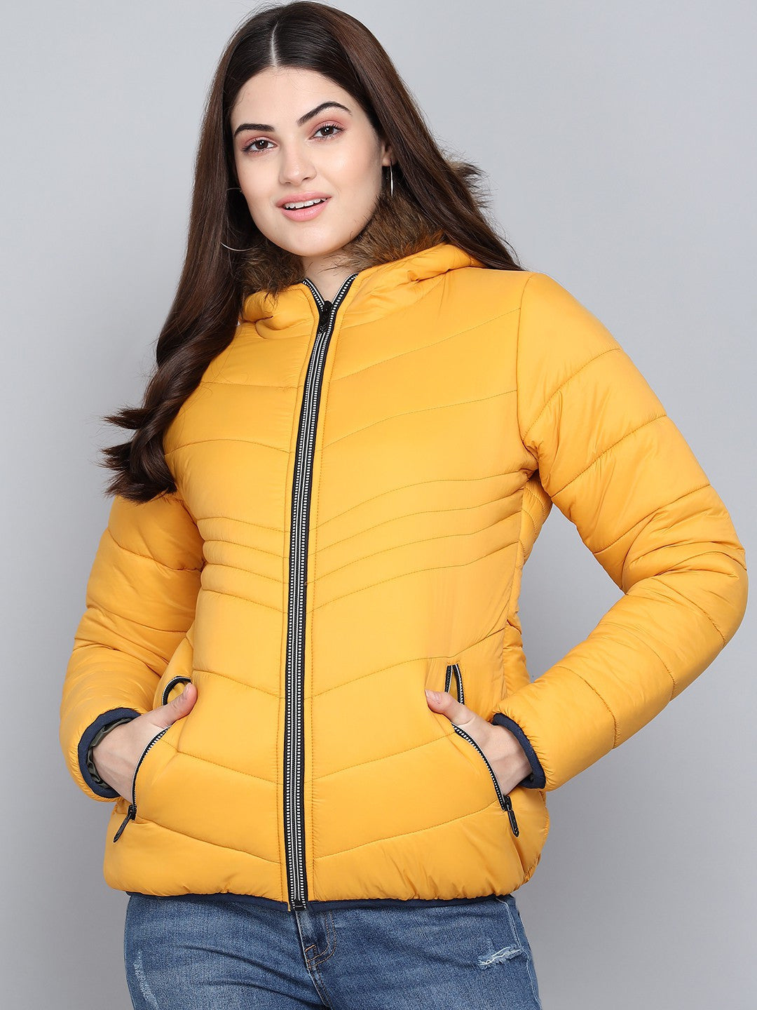 KOTTY Women Yellow Nylon Full Sleeve Padded Puffer Jacket