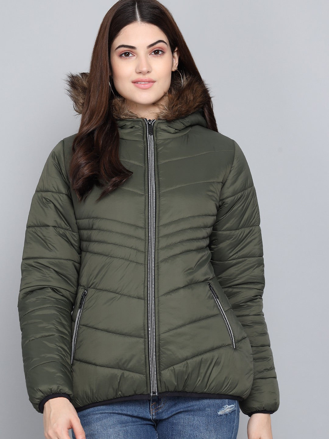 KOTTY Women Olive Nylon Full Sleeve Padded Puffer Jacket