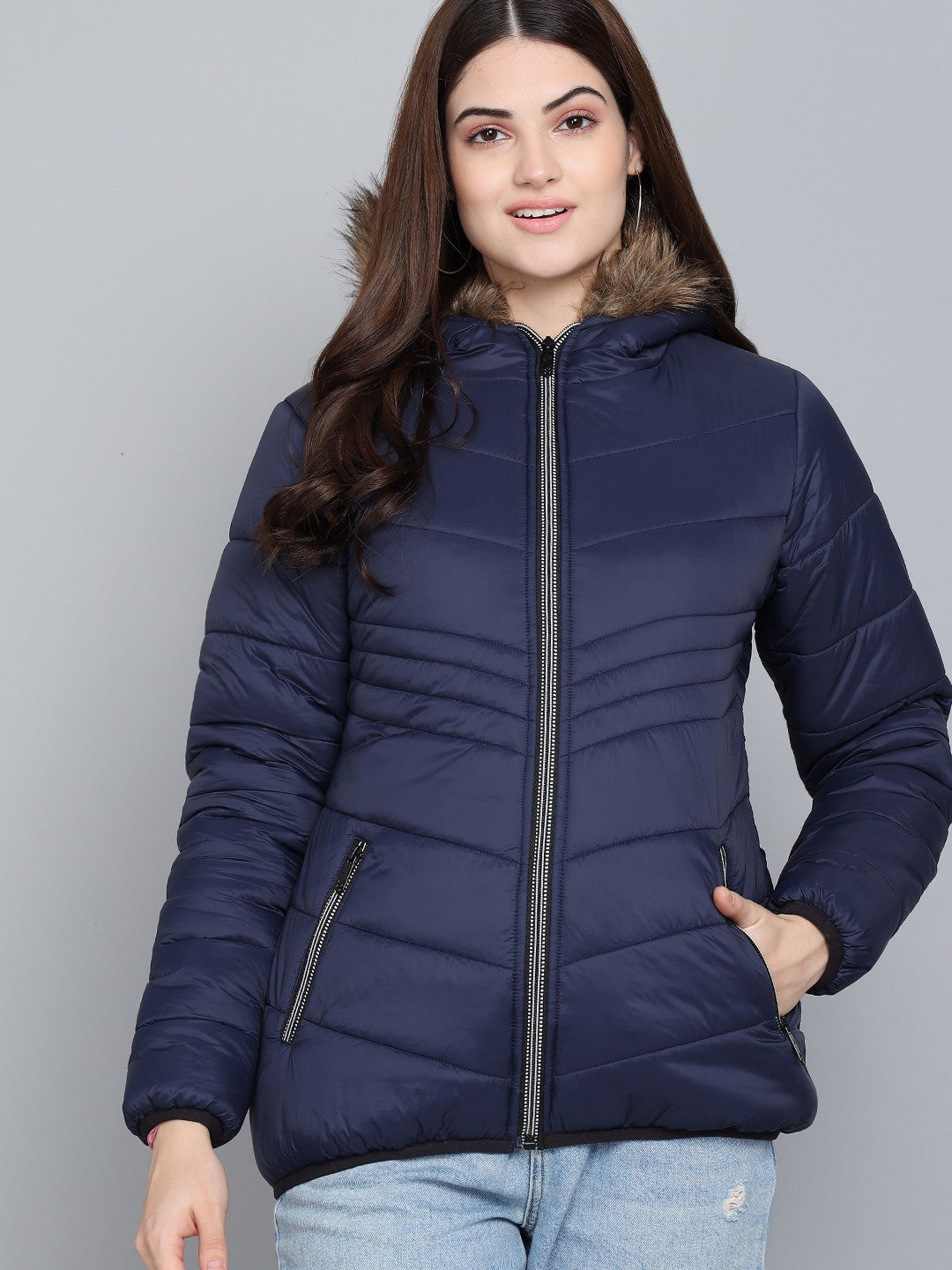 KOTTY Women Navy Blue Nylon Full Sleeve Padded Puffer Jacket