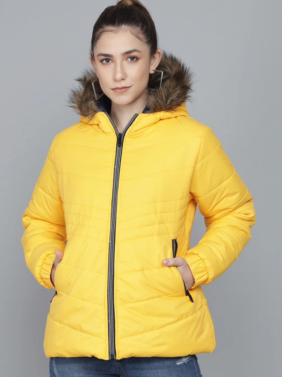 KOTTY Women Yellow Nylon Full Sleeve Solid Puffer Jacket