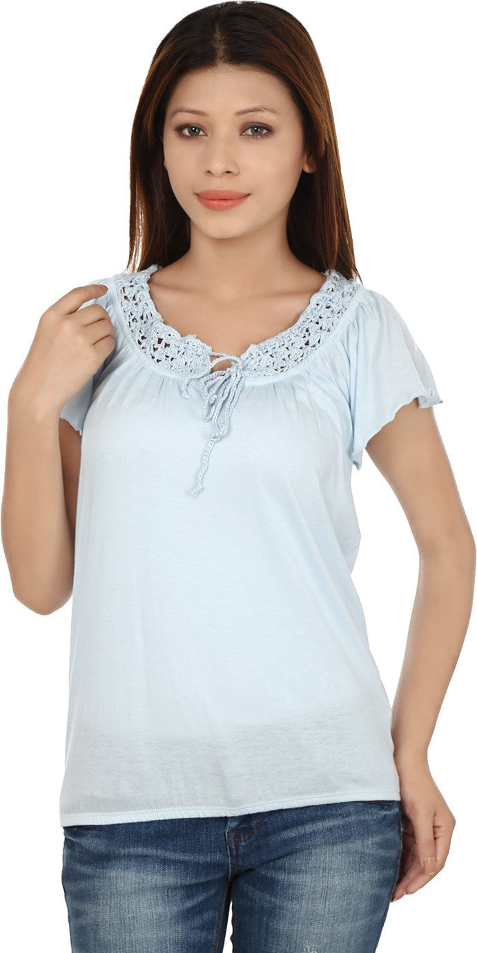 KOTTY Casual Butterfly Sleeve Solid Women Light Blue Top