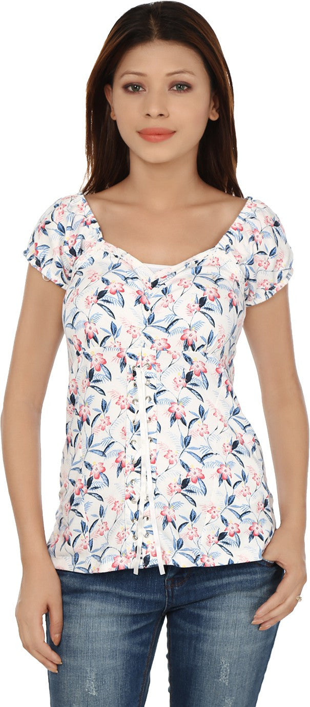 KOTTY Casual Short Sleeve Floral Print Women White, Blue Top