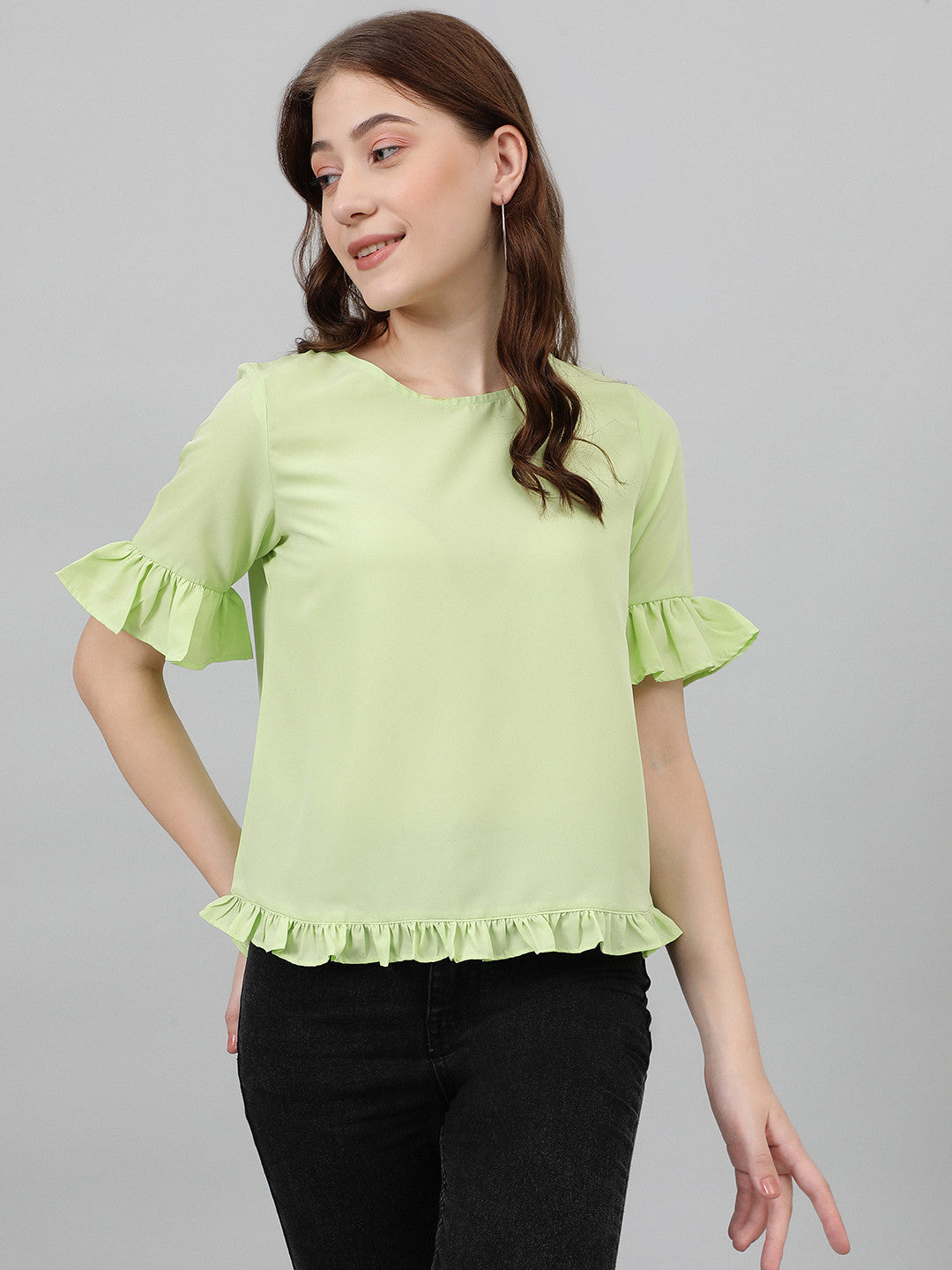 KOTTY Casual Self Design Women Light Green Top