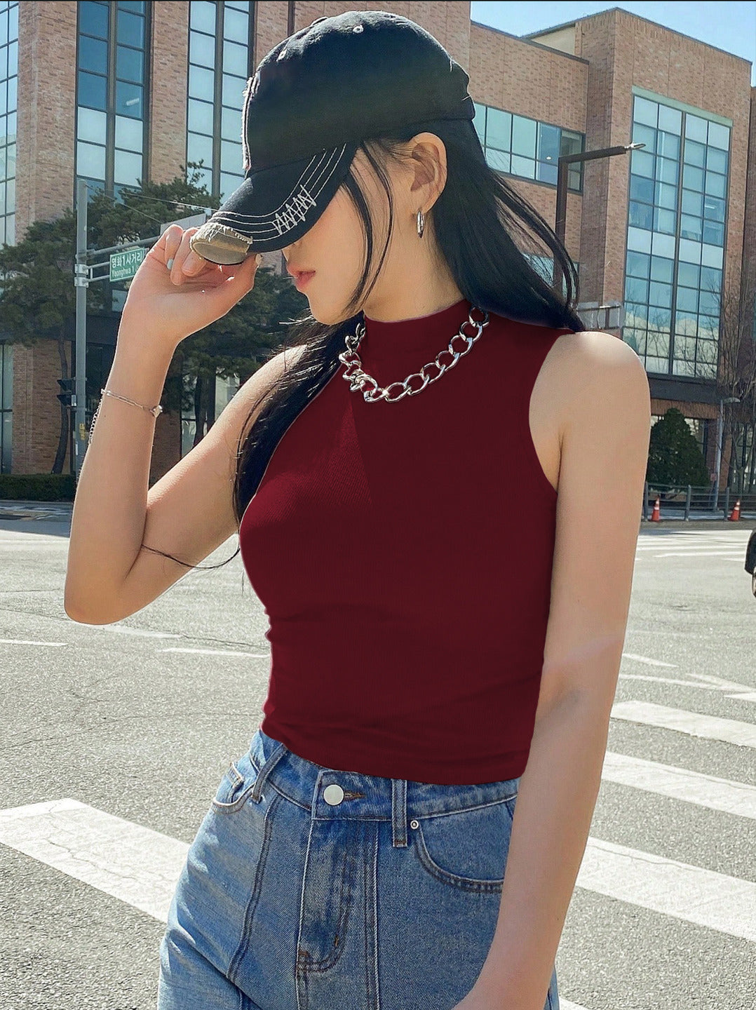 KOTTY Women's Slim Fit Sleeveles Ribbed T-Shirt