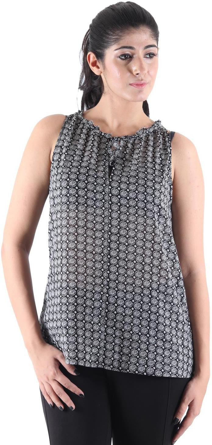 KOTTY Party Sleeveless Self Design Women Black Top
