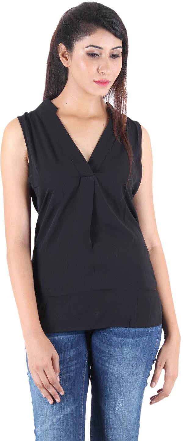 KOTTY Party Sleeveless Self Design Women Black Top