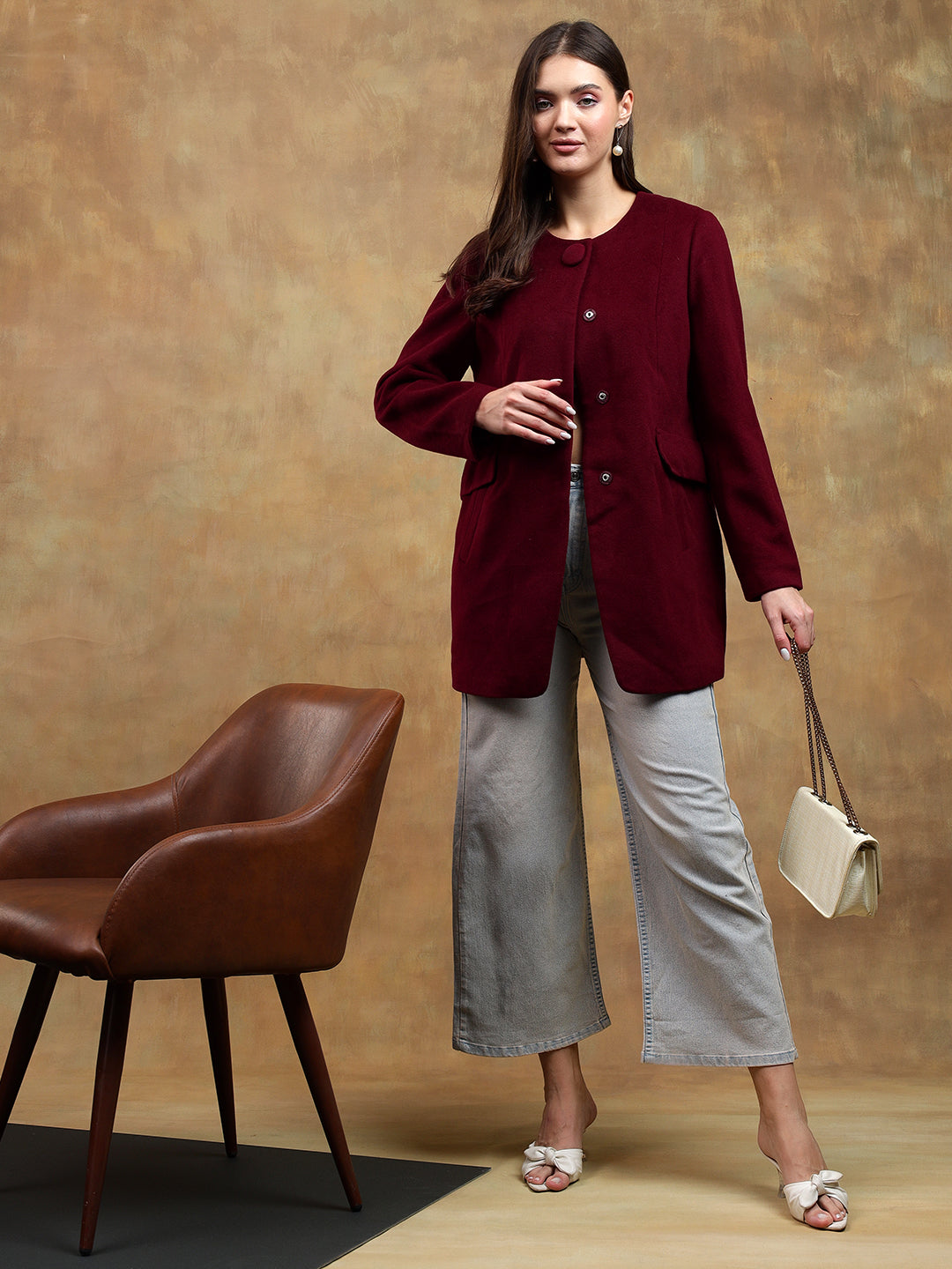 KOTTY Solid Single Breasted Casual Women Blazer (Maroon)