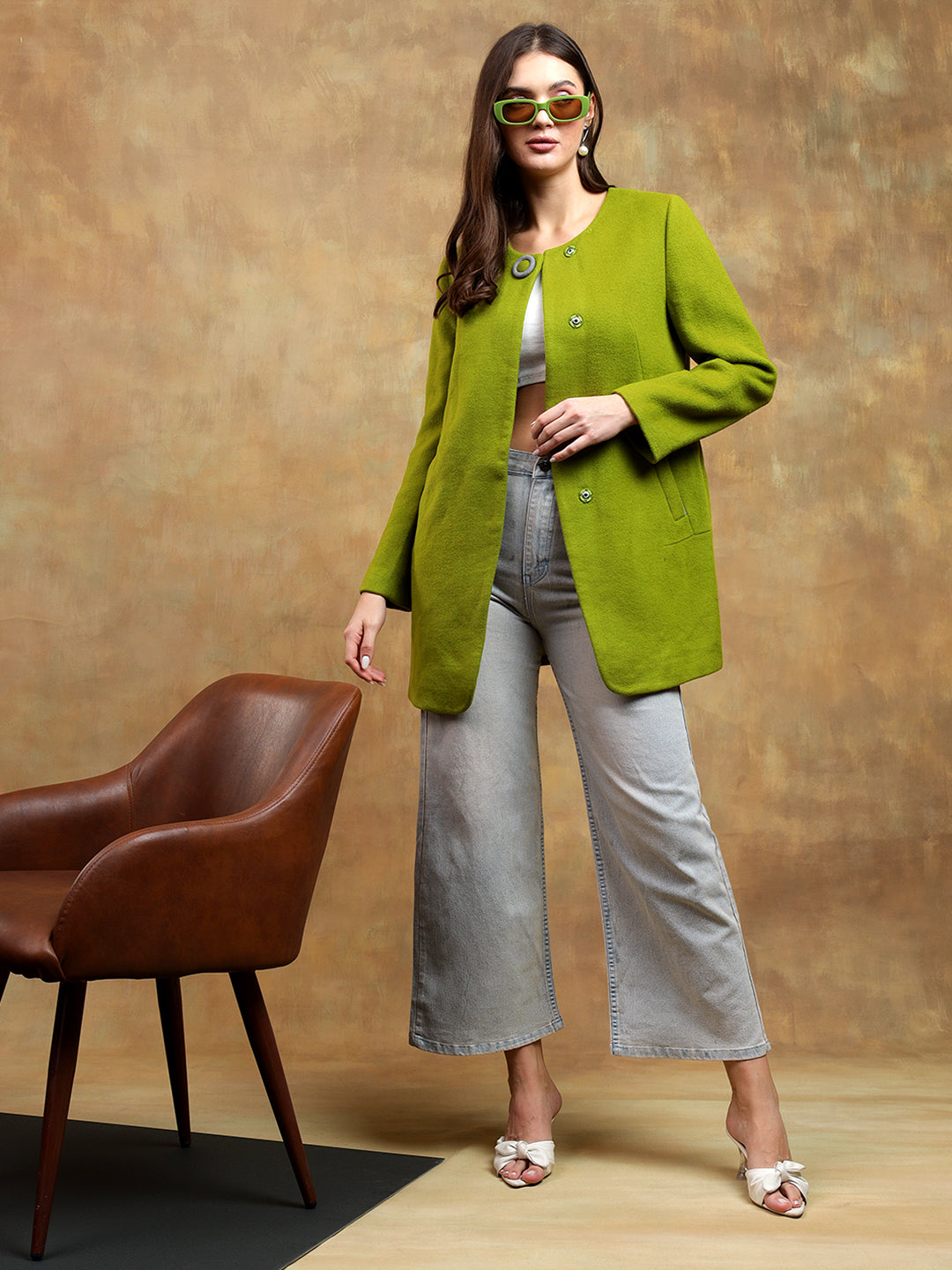 KOTTY Solid Single Breasted Casual Women Blazer (Green)