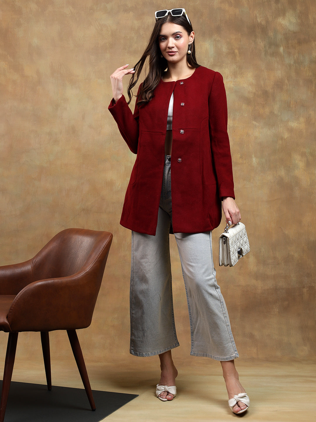 KOTTY Solid Single Breasted Casual Women Blazer (Maroon)