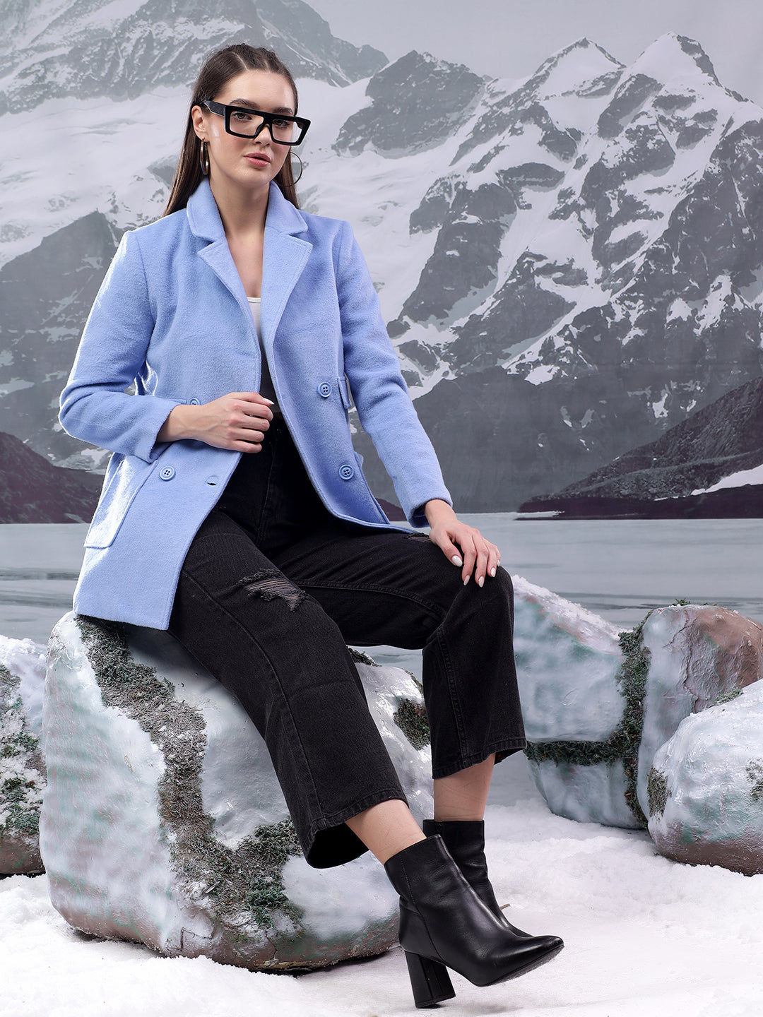 KOTTY Solid Double Breasted Casual Women Blazer (Blue)