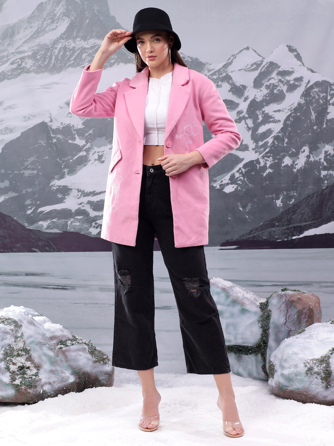 KOTTY Printed Single Breasted Casual Women Blazer (Pink)
