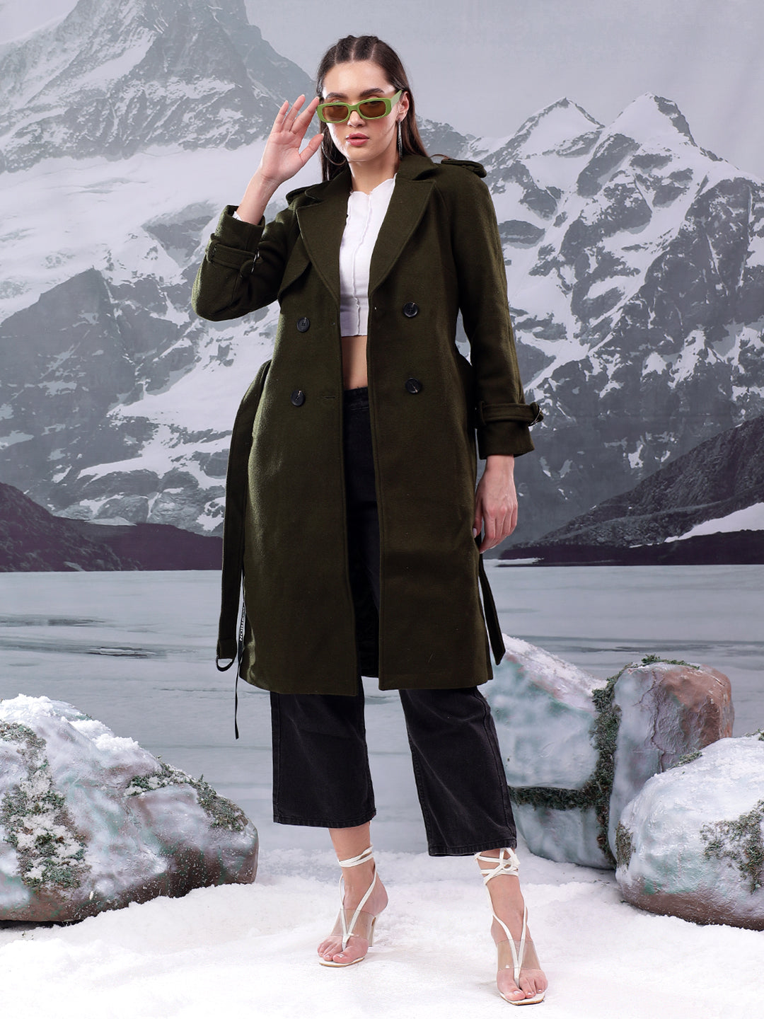 KOTTY Solid Double Breasted Casual Women Blazer (Green)