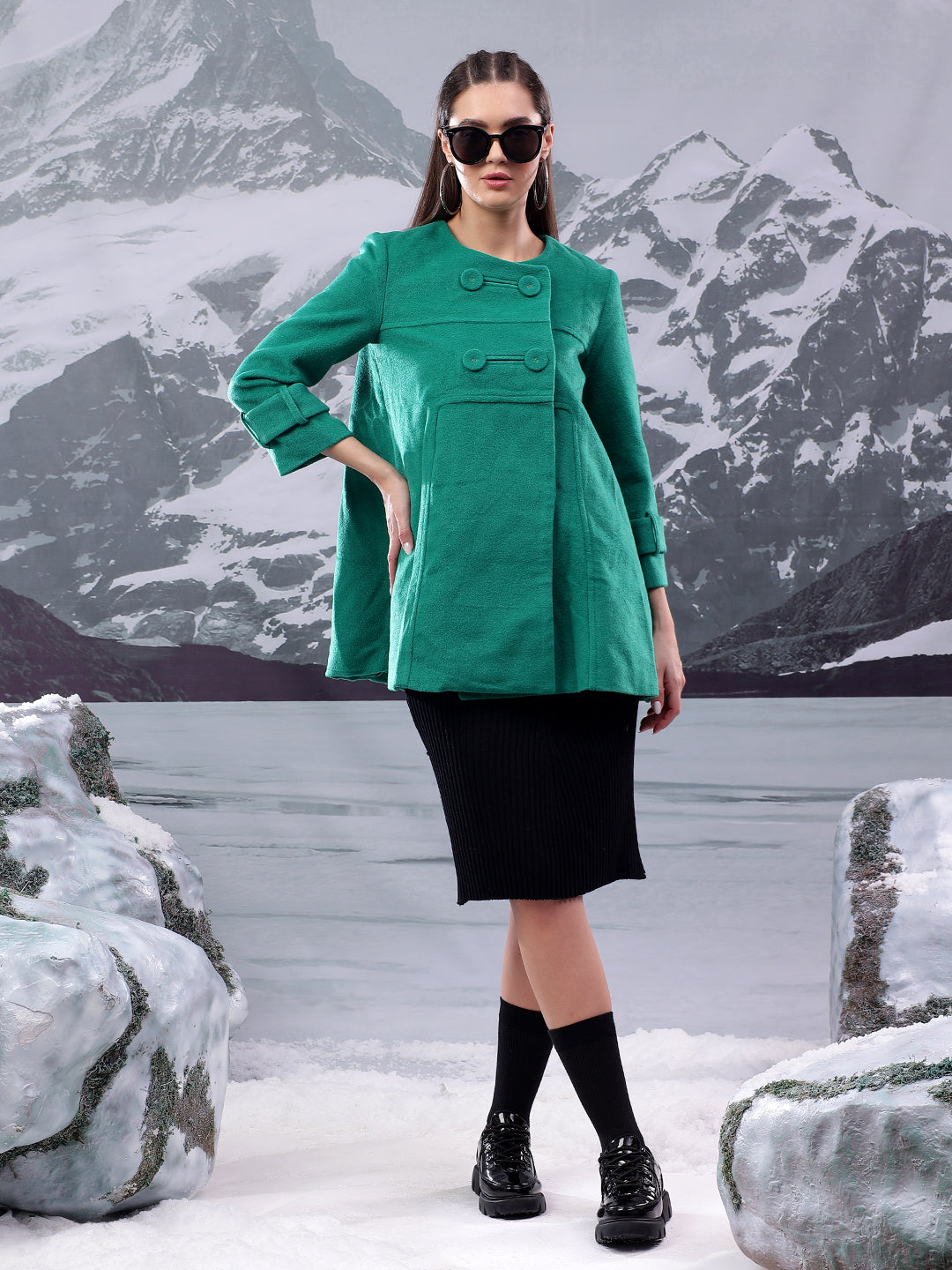 KOTTY Solid Double Breasted Casual Women Blazer (Green)