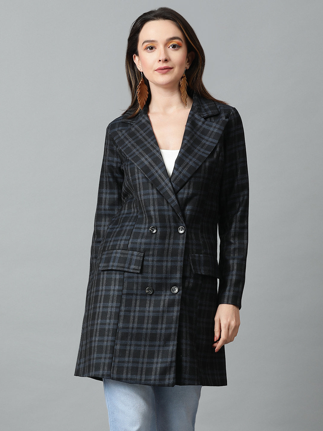 KOTTY Checkered Single Breasted Casual Women Blazer (Black)