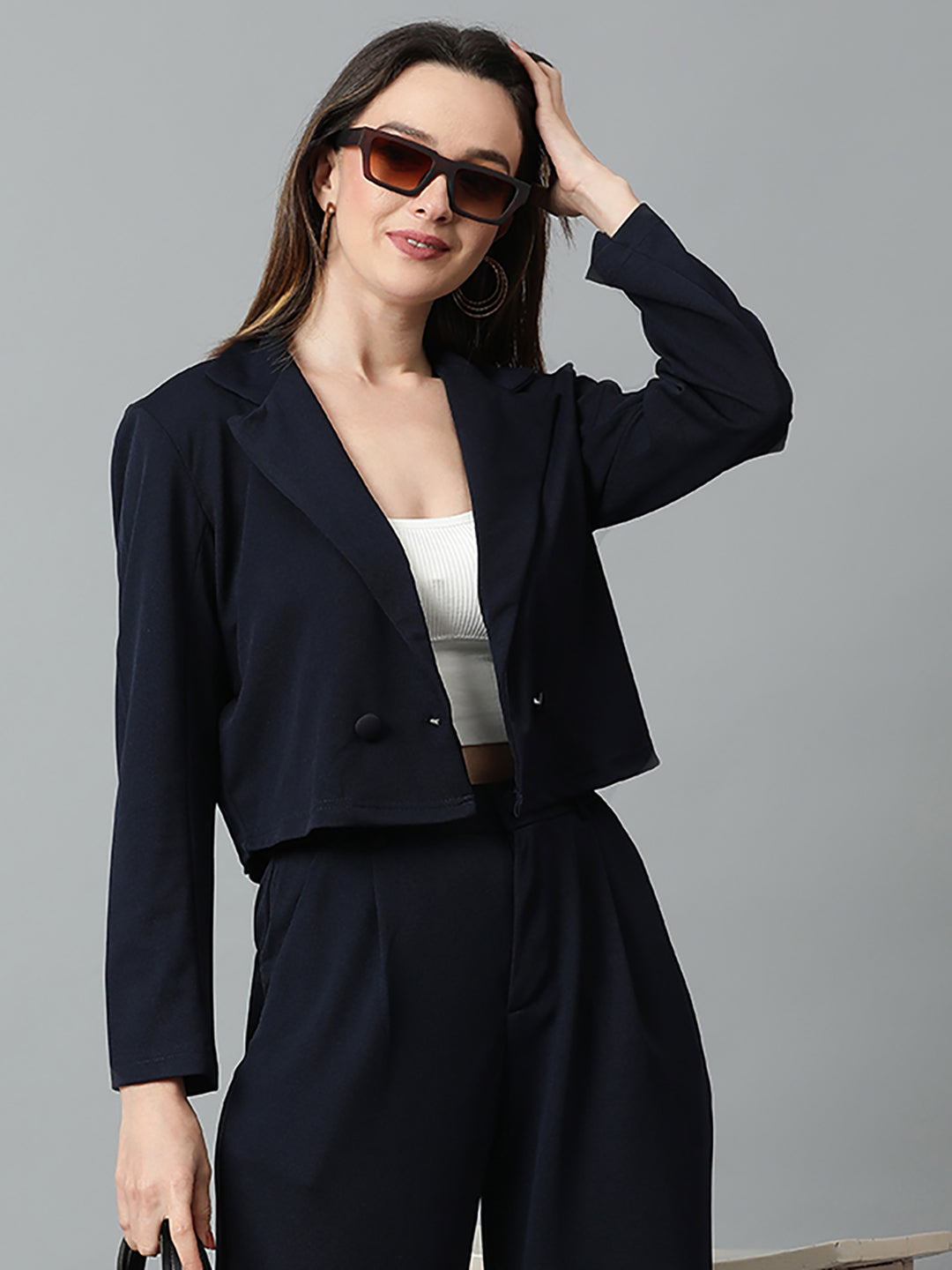 KOTTY Women's Solid Single Breasted Casual Blazer Navy Blue