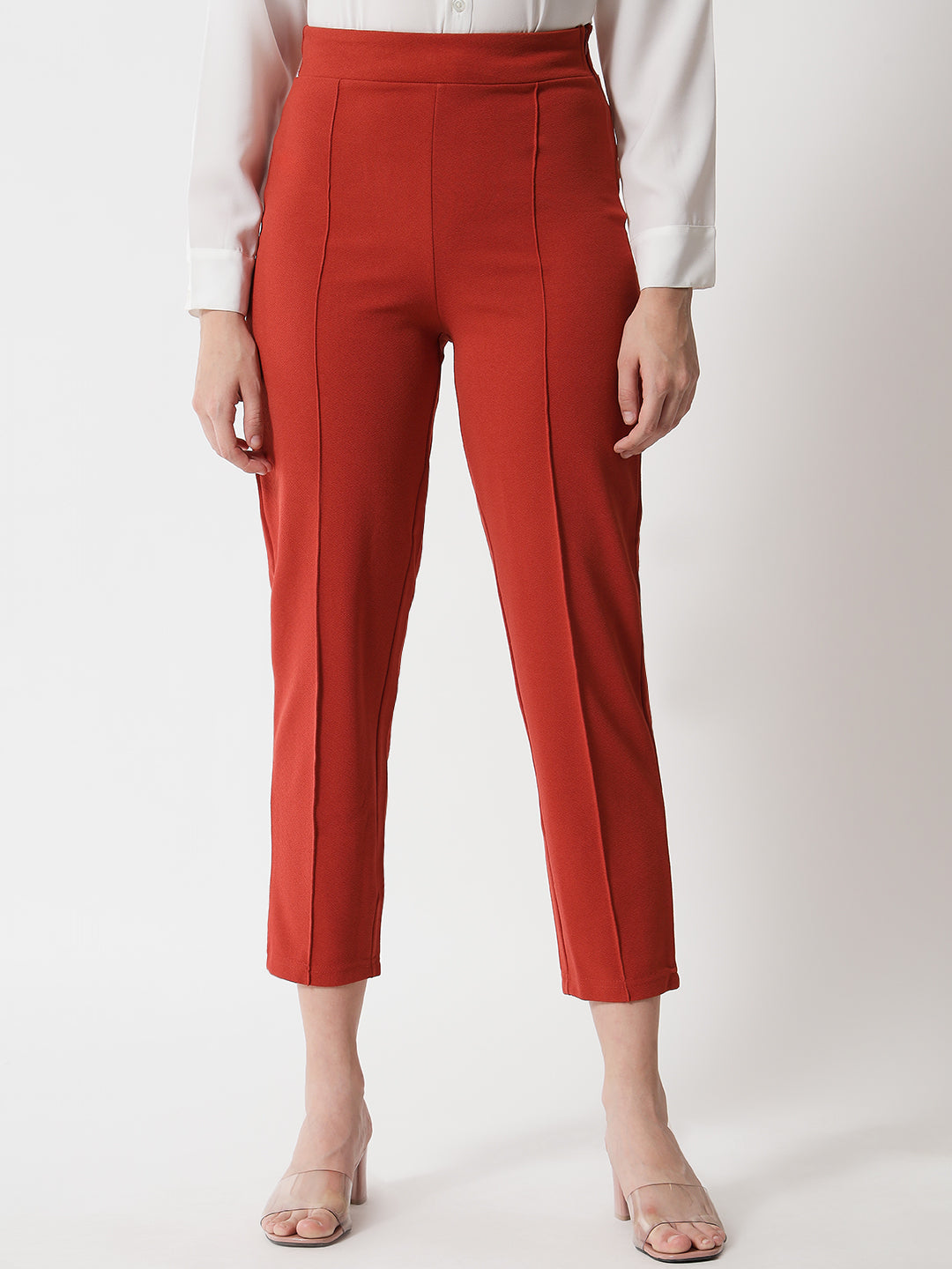 KOTTY Women Solid Polyester Blend Red Orange Trousers