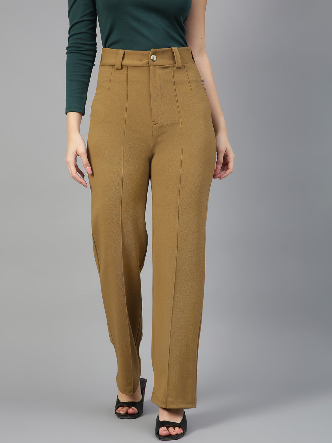 KOTTY Women Solid Polyester Blend Dijon Brown Trouser