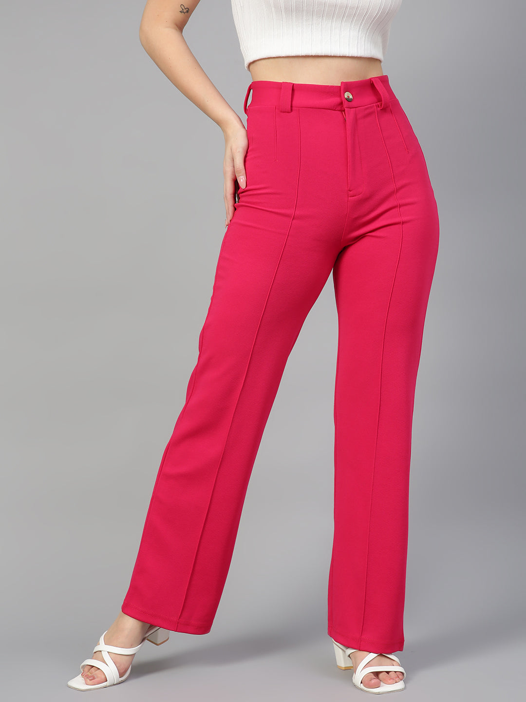 KOTTY Womens High Rise Viscose Rayon Solid Trousers Rani Pink