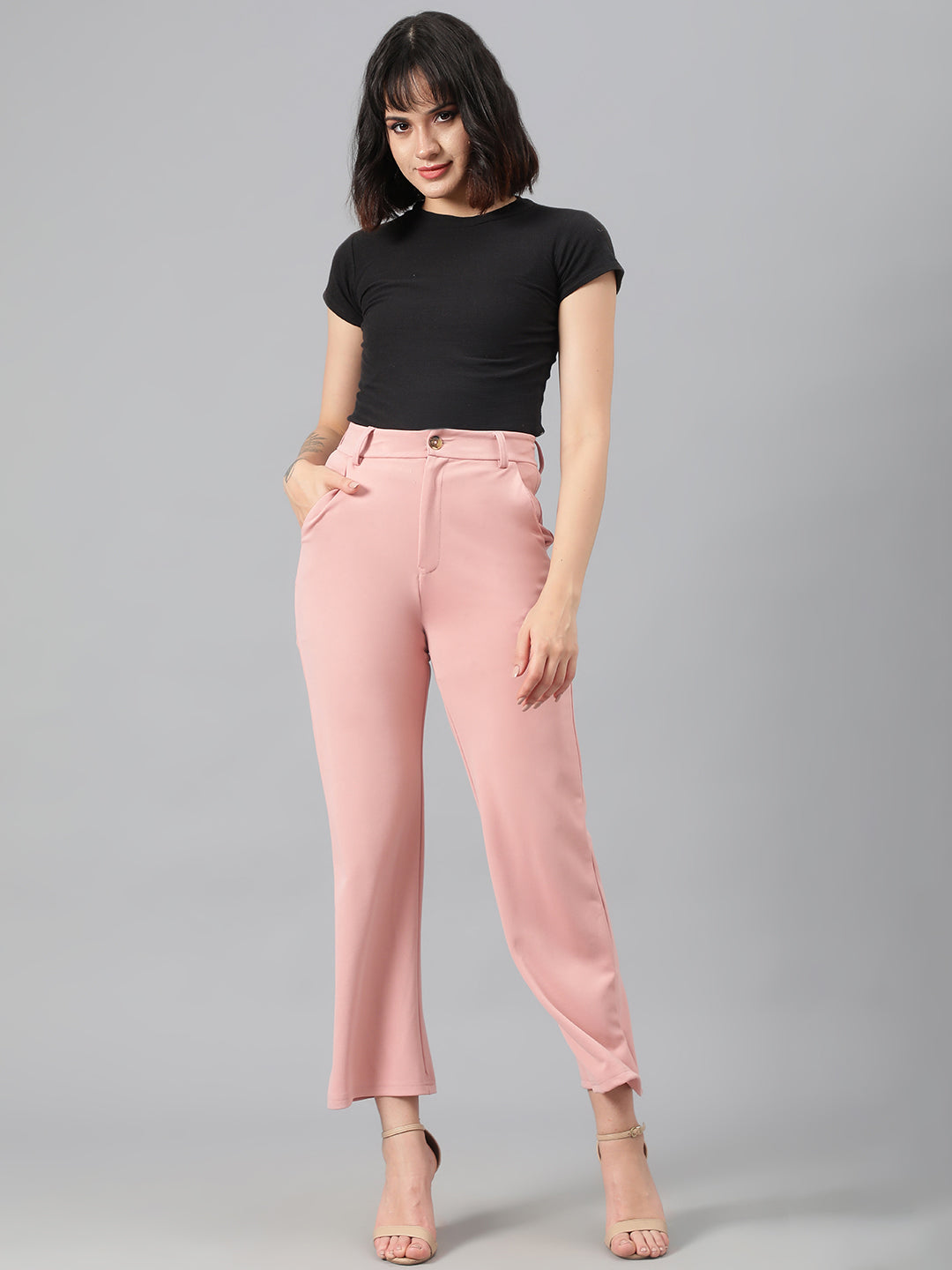 KOTTY Women's High Rise Cotton Blend Relaxed Fit Trousers Peach Pink